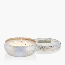 Load image into Gallery viewer, Voluspa Santal Vanille 3-Wick Tin Candle - 12oz open with three wicks lit