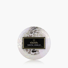 Load image into Gallery viewer, Voluspa Santal Vanille Candle - Mini Tin 4oz top of candle with label