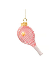 Load image into Gallery viewer, A pink tennis racket ornament with a gold hanging loop and a small gold star accent, shown against a plain white background.