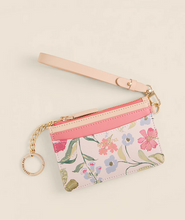 Load image into Gallery viewer, Floral patterned wallet with pink strap on a beige background