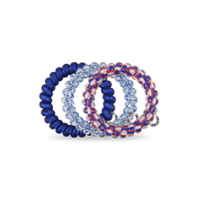 Load image into Gallery viewer, three hair ties, one blue, one white with blue glitter, one red white and blue