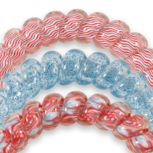 Load image into Gallery viewer, three hair ties with red white and blue patterns
