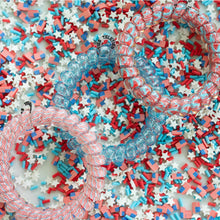 Load image into Gallery viewer, three hair ties with red white and blue patterns