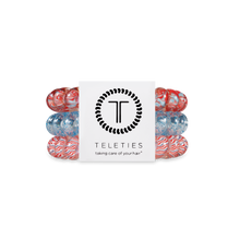 Load image into Gallery viewer, three hair ties with red white and blue patterns