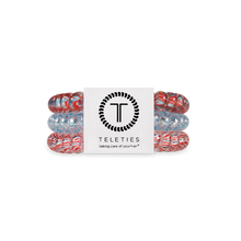 Load image into Gallery viewer, three hair ties with red white and blue patterns