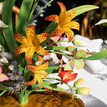 Load image into Gallery viewer, close up of tiger lily flowers and butterfly on the Juliska Meadow Walk 25" Bouquet Centerpiece Candelabra