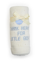 Load image into Gallery viewer, Cream Knit Blanket Embroidered with Thank Heaven for Little Boys in blue folded and tied with a bow