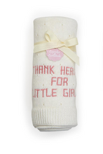 Load image into Gallery viewer, Cream Knit Blanket Embroidered with Thank Heaven for Little Girls in pink folded and tied with a bow