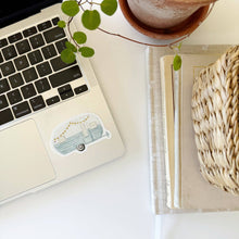 Load image into Gallery viewer, blue and white camper trailer sticker in a watercolor style on a computer