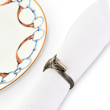 Load image into Gallery viewer, Vagabond House Horse Head Napkin Ring holding a white napkin sitting next to a plate