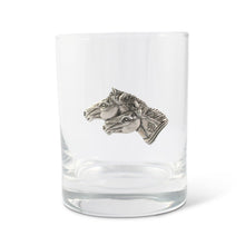 Load image into Gallery viewer, short glass with pewter motif of two horse heads