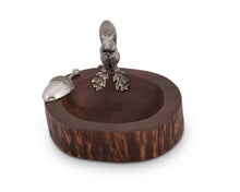 Load image into Gallery viewer, wooden bowl with silver color squirrel standing on the rim and acorn shaped scoop sitting next to it