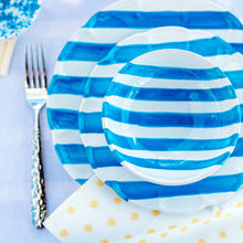 Load image into Gallery viewer, White plates and bowls with blue stripes