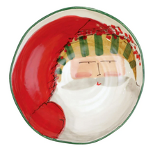 Load image into Gallery viewer, wide shallow bowl with a painted image of Santa in a hat with stripe trim