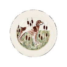 Load image into Gallery viewer, Vietri Wildlife Dinner Plate painted with a brown and white Spaniel