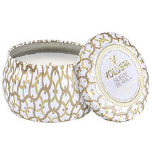 Load image into Gallery viewer, Voluspa Suede Blanc Candle in gold and white tin with Voluspa branding