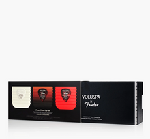 Load image into Gallery viewer, Volluspa x Fender Pearls Candle Oil Set in a black presentation box, featuring three pearl-shaped oil vials in white, red, and orange-red, with white and red branding on the front.