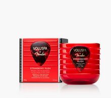 Load image into Gallery viewer, Voluspa x Fender Strawberry Rush coconut soy candle shown next to its red packaging box on a clean white background.