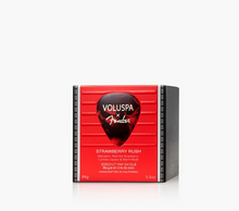 Load image into Gallery viewer, Voluspa x Fender Strawberry Rush coconut wax candle in a red guitar-shaped box with black sides, photographed on a clean white background.