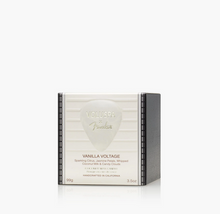 Load image into Gallery viewer, Fender Voluspa Vanilla Voltage Flavored Sugar Cubes packaging box, featuring a cream-colored guitar-pick-shaped design with black side borders and a dark gray textured back, set against a clean white background.