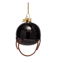 Load image into Gallery viewer, A glossy black spherical Christmas ornament with a gold hanging loop and cap, decorated with a small gold star and accented by brown hanging loops at the bottom, shown against a plain white background.