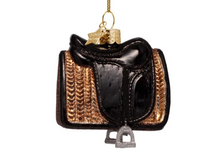 Load image into Gallery viewer, A miniature equestrian-themed ornament shaped like a saddle with a gold hanging chain, a gold star charm, and a silver-colored bit at the bottom, set against a plain white background.