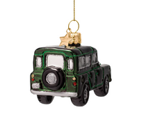 Load image into Gallery viewer, A vintage-style green and black vehicle ornament with silver trim, a gold hanging loop, and a small gold star topper, shown on a plain white background.