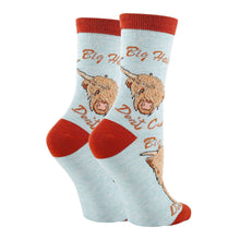 Load image into Gallery viewer, Blue and orange socks with Scottish cow