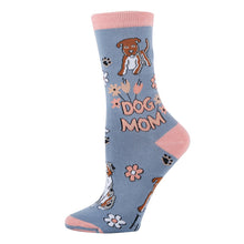 Load image into Gallery viewer, Gray and pink socks with text Dog Mom and images of dogs