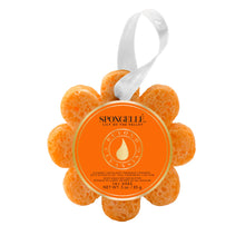 Load image into Gallery viewer, orange flower shaped sponge with white ribbon