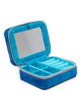 Load image into Gallery viewer, blue Jewelry Zip Case open to show light blue interior with mirror and compartments
