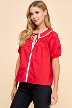 Load image into Gallery viewer, Embroidery Trim Puff Sleeve Top - Red