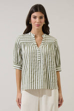 Load image into Gallery viewer, person wearing Catana Striped Split Neck Top green and white stripes with whte pants