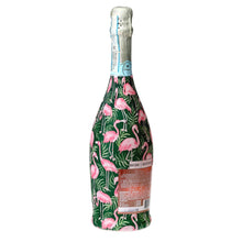Load image into Gallery viewer, Champagne Bottle covered with the Palm Flamingo Club Bottle wrap side view