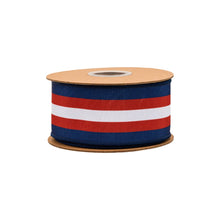 Load image into Gallery viewer, Wired Dupioni 2 1/2" Red/White/Blue Center Stripe w/ Blue Backing Ribbon on a spool