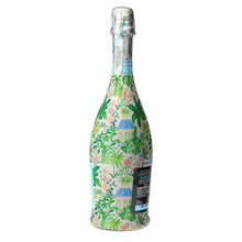 Load image into Gallery viewer, Champagne Bottle covered with the Verde Palm Pavilion Prosecco Bottle Wrap side view