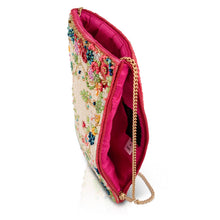Load image into Gallery viewer, phone purse heavily beaded with a floral design showing size zipper and opening along the top