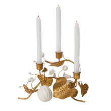 Load image into Gallery viewer, Juliska Forest Walk Pumpkin & Vine Triple Candlestick Holder with matching white candles