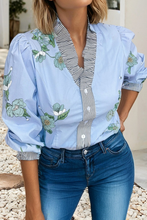 Load image into Gallery viewer, Floral Striped Ruffled V-Neck Blouse