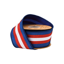 Load image into Gallery viewer, Wired Dupioni 2 1/2" Red/White/Blue Center Stripe w/ Blue Backing Ribbon on a spool