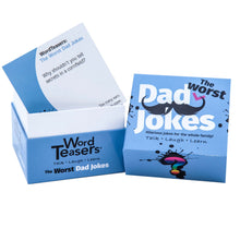 Load image into Gallery viewer, Word Teasers - The Worst Dad Jokes - the Sequel showing open box and cards