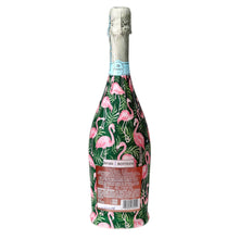 Load image into Gallery viewer, Champagne Bottle covered with the Palm Flamingo Club Bottle wrap back view