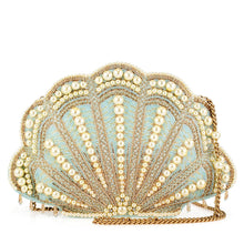 Load image into Gallery viewer, scalloped sea shell shaped hand bag heavily beaded with blue and gold beads and pearls