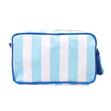 Load image into Gallery viewer, Megan Striped Cosmetic Bag in blue and white stripes with two blue tassels on the zipper pull