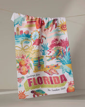 Load image into Gallery viewer, Geometry Greetings From Florida Tea Towel with classic Florida motif and the text FLORIDA