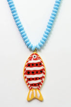 Load image into Gallery viewer, Vibrant Fish Pendant Beaded Necklace with red and yellow fish pendant and light blue necklace