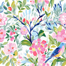 Load image into Gallery viewer, floral and bird pattern in shades of blue pink yellow and green