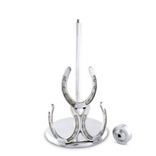 Load image into Gallery viewer, Paper Towel Holder decorated with three horseshoes in a silver color metal and a tall center rod to hold a roll of paper towels the top nob of the center rod is removed to show how to add the roll of towels