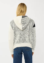 Load image into Gallery viewer, Color Block Popcorn Knit Sweater Jacket - Cream & Black back view showing hood