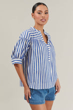 Load image into Gallery viewer, Person wearing Catana Striped Split Neck Top blue and white stripes with shorts